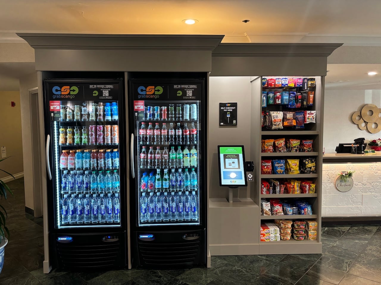 Hotel lobby market with drinks, snacks and GrabScanGo checkout