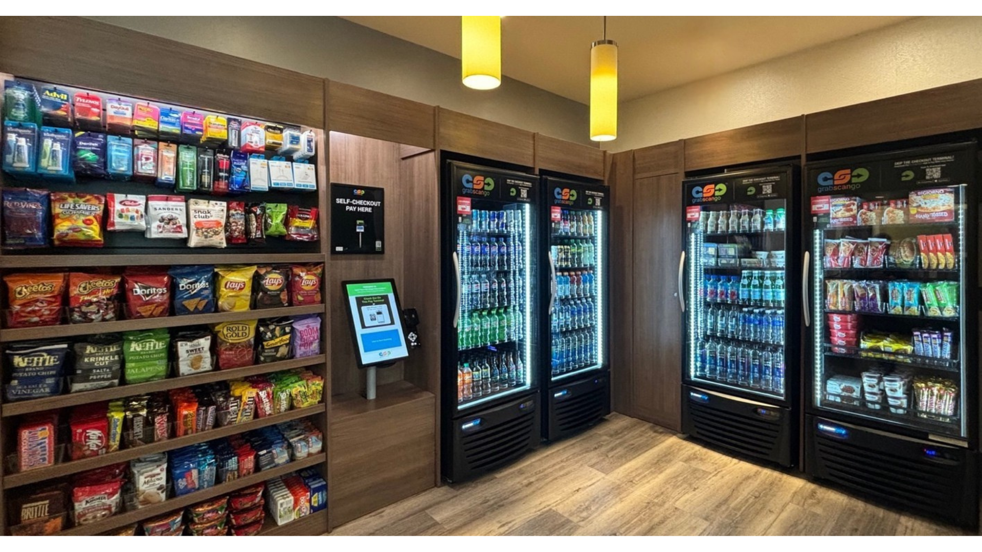 GrabScanGo hotel lobby market with snacks, drinks and self-checkout